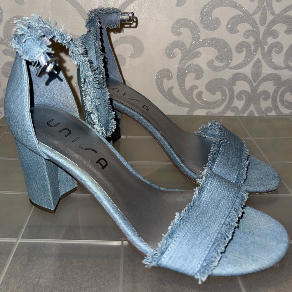 Blue denim high heel sandals with fringe detail and strap
